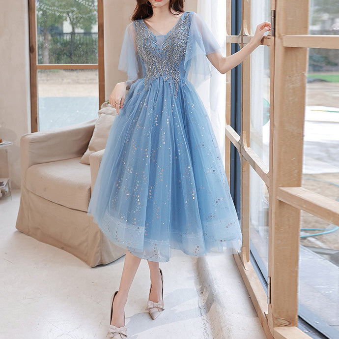 A-Line Glittering Dress Wedding Guest Graduation Knee Length Short Sleeve V Neck Dress BP1264