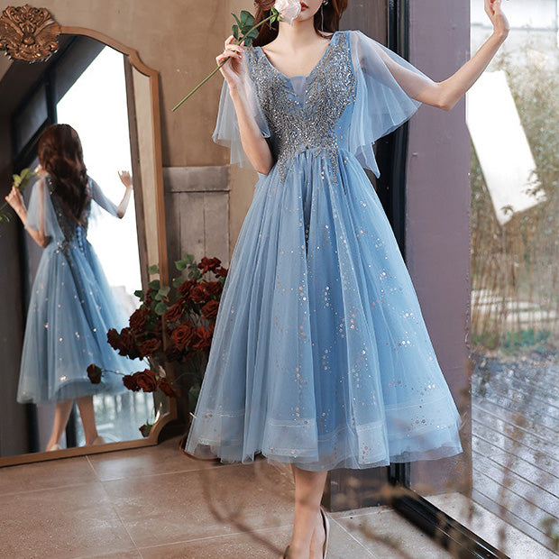 A-Line Glittering Dress Wedding Guest Graduation Knee Length Short Sleeve V Neck Dress BP1264