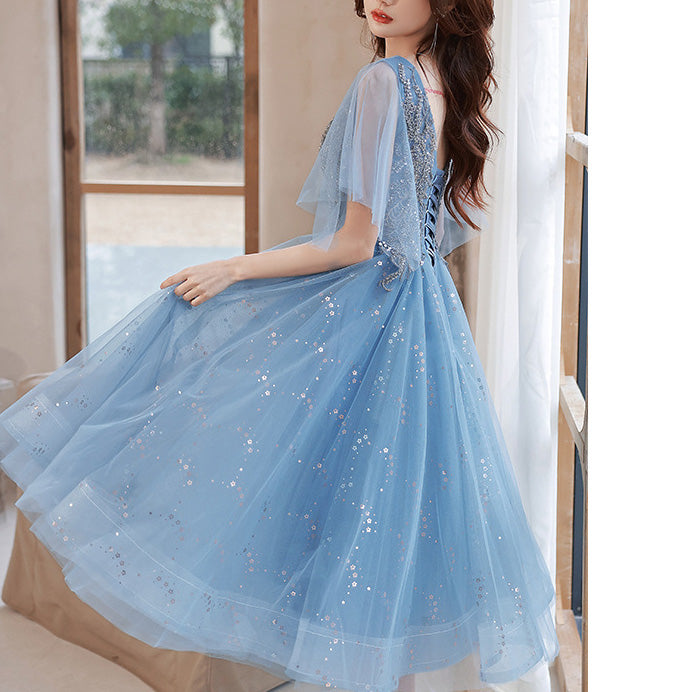 A-Line Glittering Dress Wedding Guest Graduation Knee Length Short Sleeve V Neck Dress BP1264