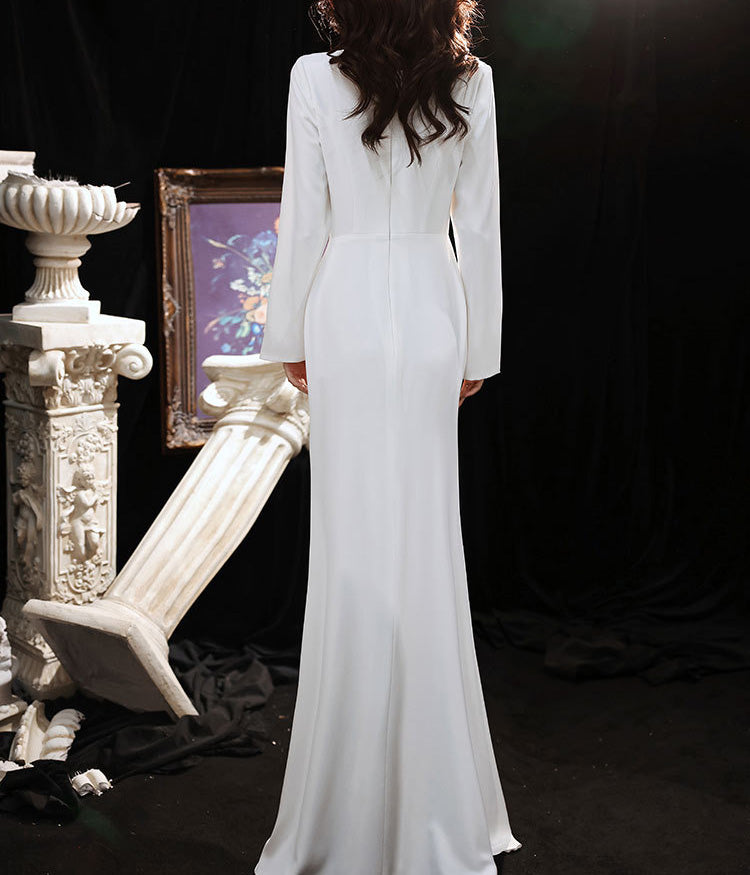 White V-neck Long Sleeve Backless Evening Dress Formal Party Dress for Women BP1265