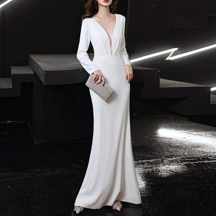 White V-neck Long Sleeve Backless Evening Dress Formal Party Dress for Women BP1265