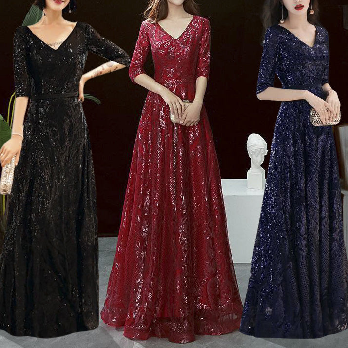 Evening Dresses Long Elegant V-Neck A-Line Sequined Formal Evening Gown BP1270