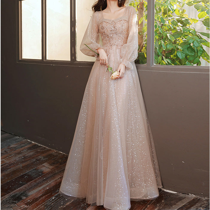 French Long Evening Dress Beading Sequined Prom Dresses Lace Up Tulle Wedding Party Gowns BP1274