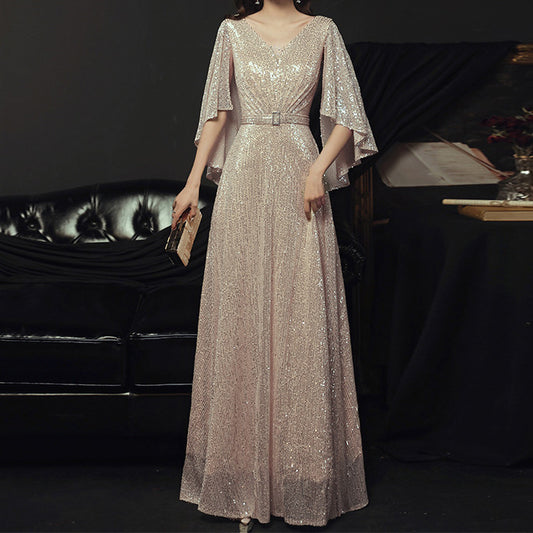 Women's V Neck Floor Length Evening Dresses Woman Party A Line Sequin Prom Dress BP1275