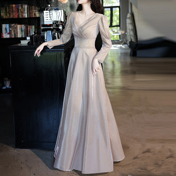 V-neck Solid Long Sleeve Wedding Party Dresses Slim Pleated Elegant Prom Dress BP1276