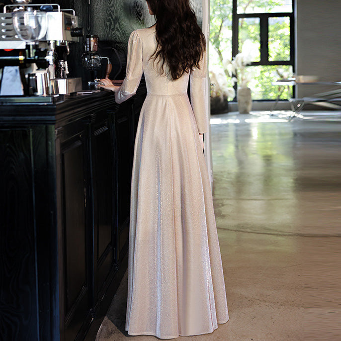 V-neck Solid Long Sleeve Wedding Party Dresses Slim Pleated Elegant Prom Dress BP1276