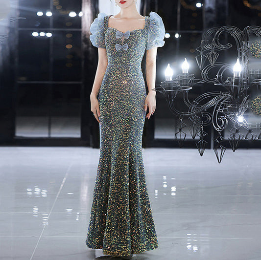 Vintage Mermaid Sequin Celebrity Dresses Square Collar Puff Sleeves Sweet Bow Colorful Evening Gown BP1278