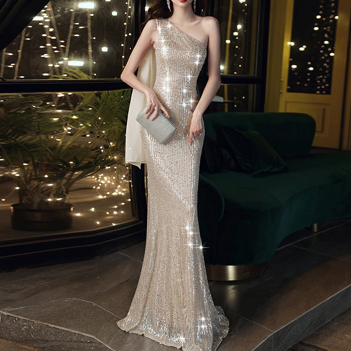 Sleeveless One-Shoulder Sequin Mermaid Evening Gown BP1282