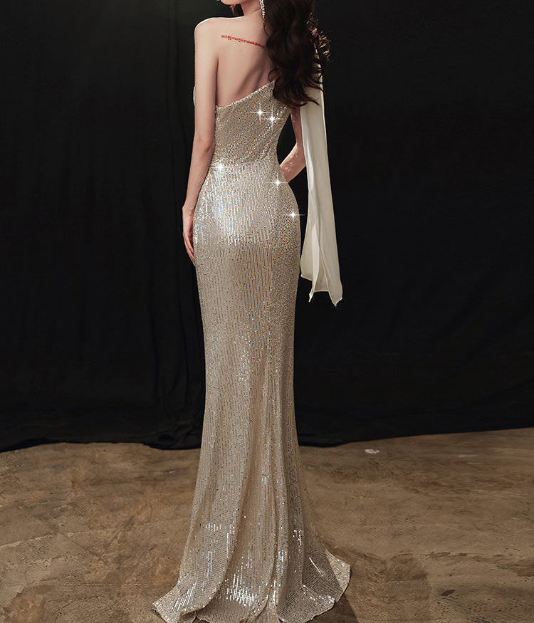 Sleeveless One-Shoulder Sequin Mermaid Evening Gown BP1282