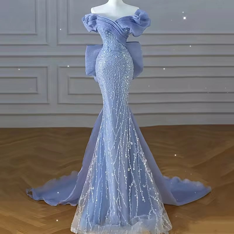 Haze Blue Beaded Mermaid Dresses Elegant Prom Banquet Evening Dresses Wedding Dresses for Bridesmaid BP2171