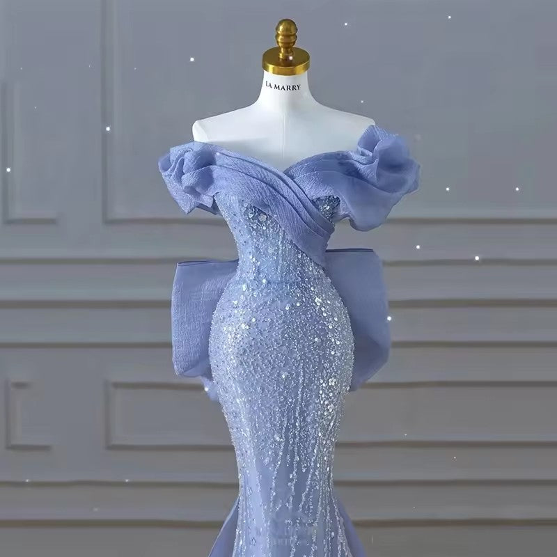 Haze Blue Beaded Mermaid Dresses Elegant Prom Banquet Evening Dresses Wedding Dresses for Bridesmaid BP2171