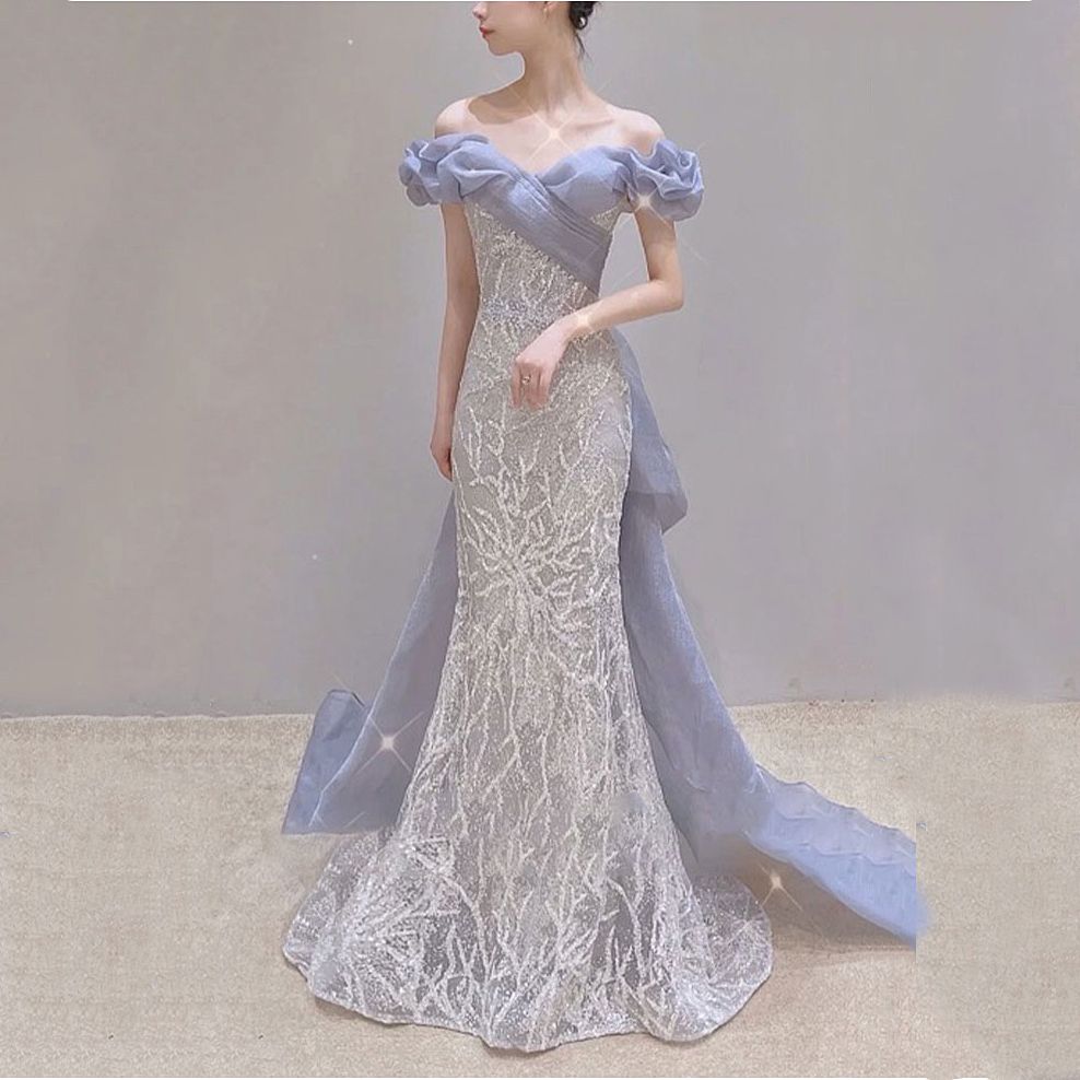 Romantic Blue Starry Mermaid Prom Dresses Off The Shoulder Elegant Sequins Boat Neck Backless Bandage Bridal Evening Party Gowns BP2178