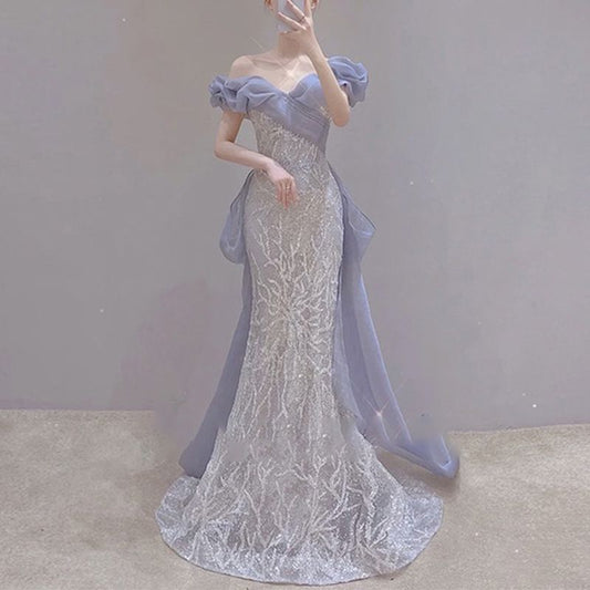 Romantic Blue Starry Mermaid Prom Dresses Off The Shoulder Elegant Sequins Boat Neck Backless Bandage Bridal Evening Party Gowns BP2178