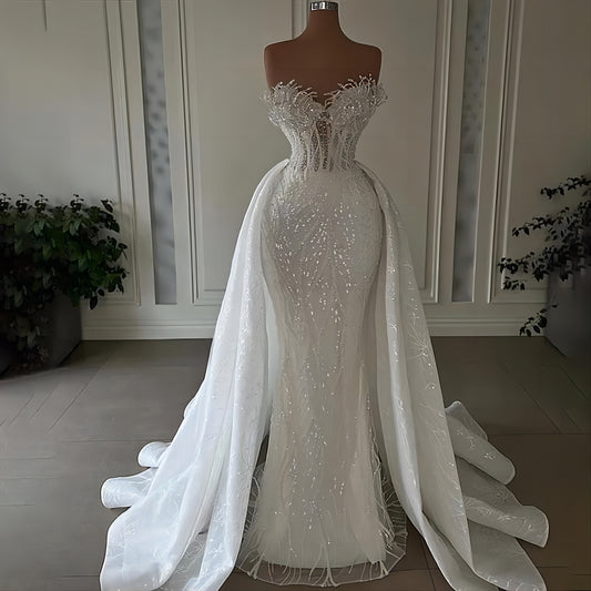 Sparkly Sequins Mermaid Wedding Dress For Bride Sweetheart Neck Lace Beads Vestido De Noiva Sereia Bridal Gowns EJD1251