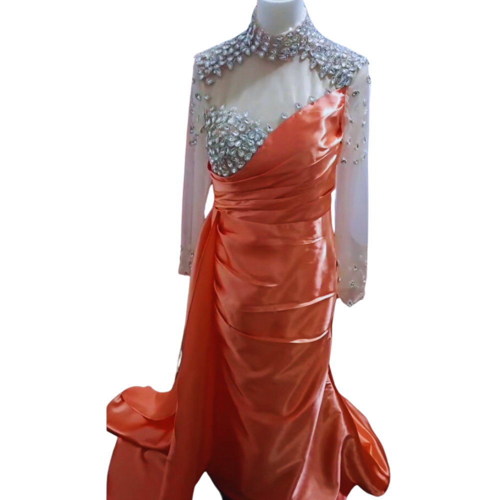 Coral Satin Mermaid Evening Dress with Long Sleeves EJM929