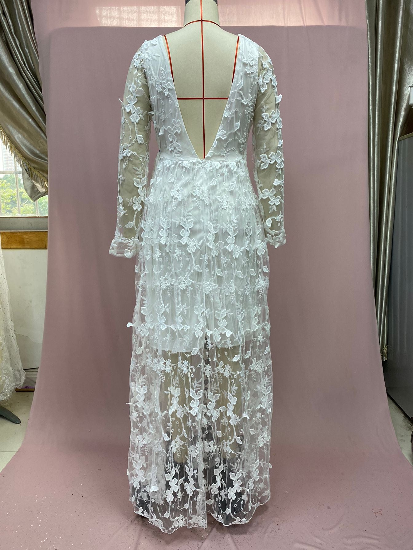 Womens Floral Lace Long Sleeve Wedding Gown EPB1175