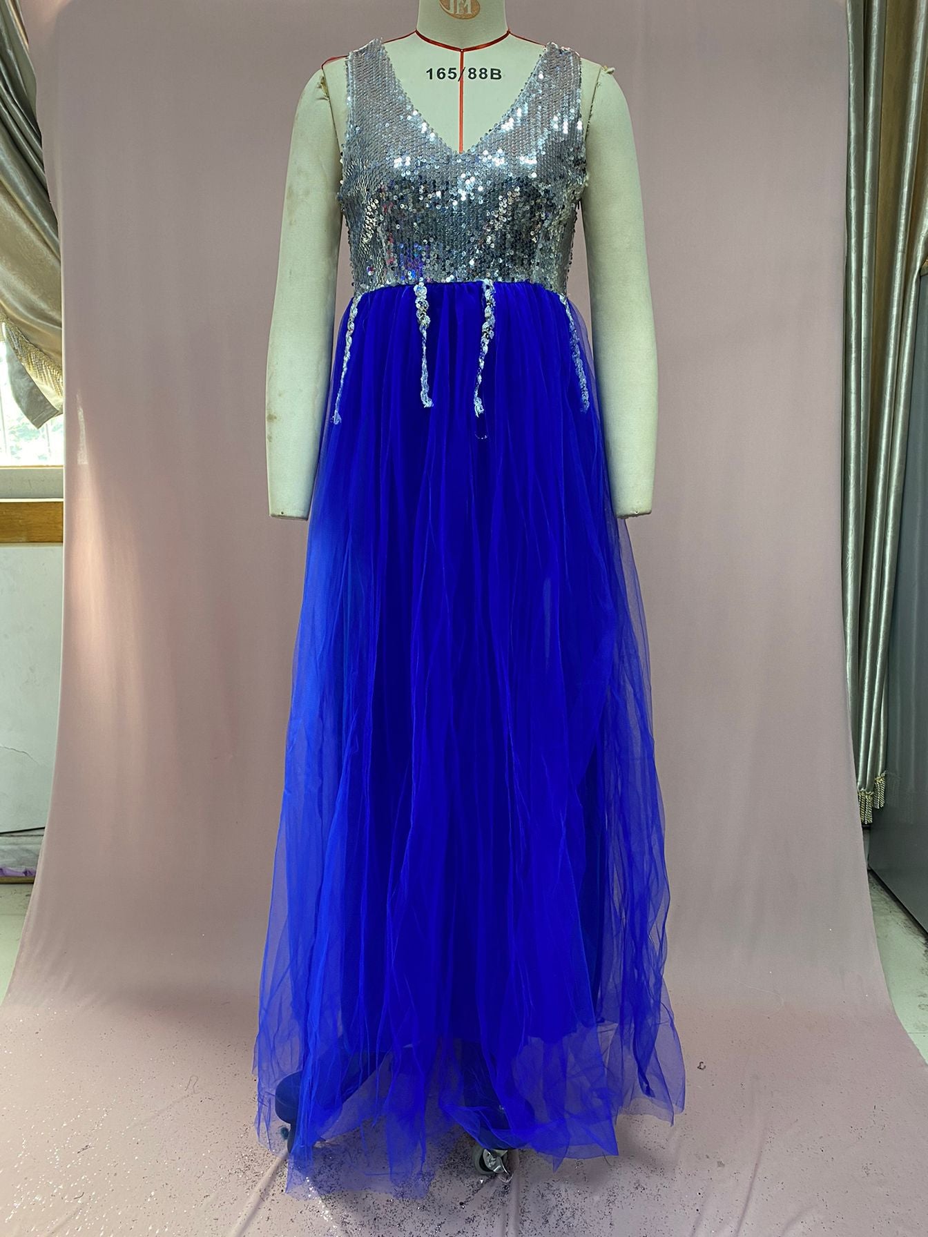 Glitter Tulle Prom Dresses Beading Lace V Neck Backless Long Evening Formal Gown EPB1176