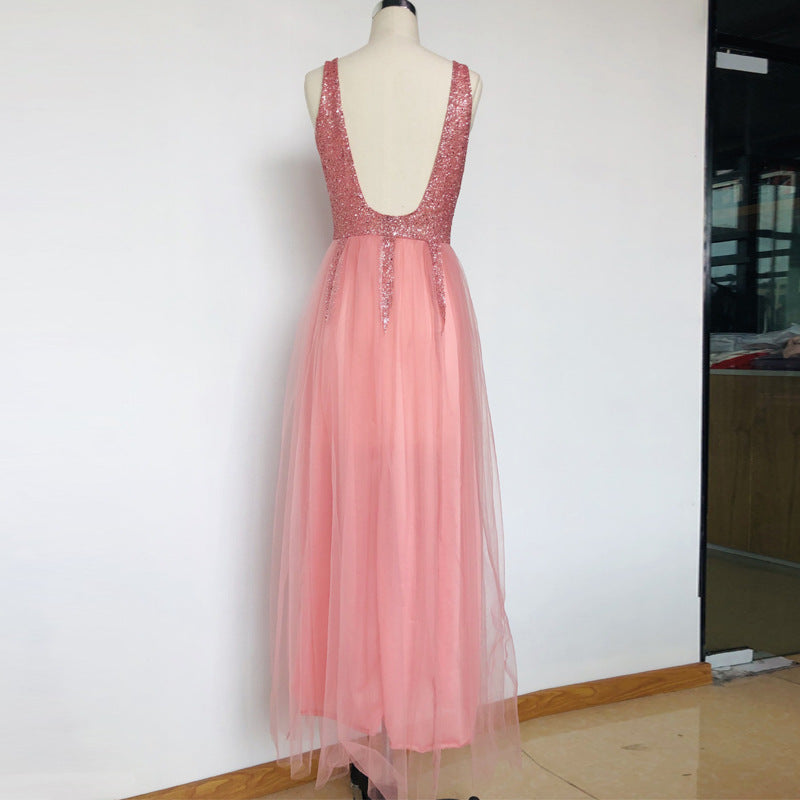 Glitter Tulle Prom Dresses Beading Lace V Neck Backless Long Evening Formal Gown EPB1176