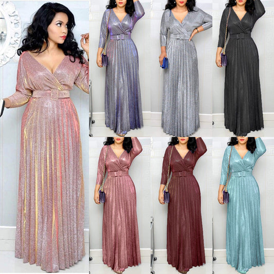 Women's Swing Dress Long Dress Maxi Dress Pleated With Belt Party Elegant Fashion Dress EPB1179