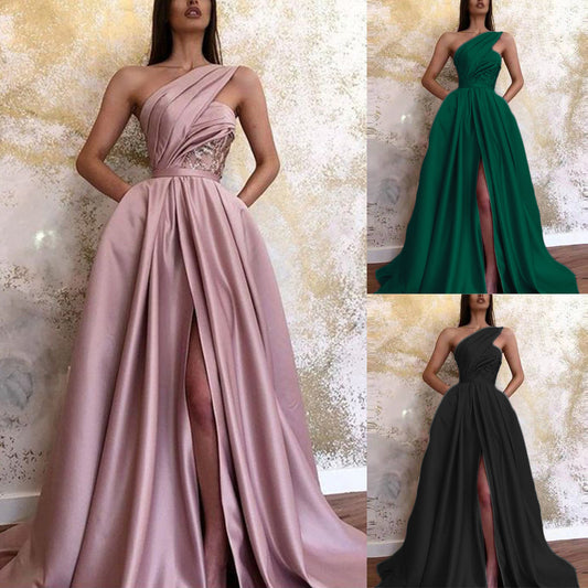 Long Evening Dresses One Shoulder Ruched Split Satin Evening Gowns Strapless Sequined A-Line Prom Dresses EPB1186