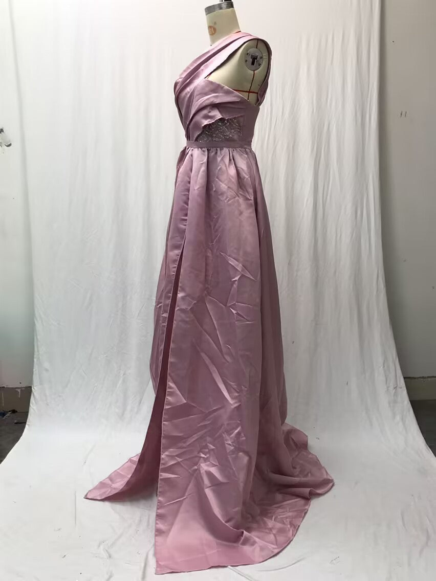 Long Evening Dresses One Shoulder Ruched Split Satin Evening Gowns Strapless Sequined A-Line Prom Dresses EPB1186