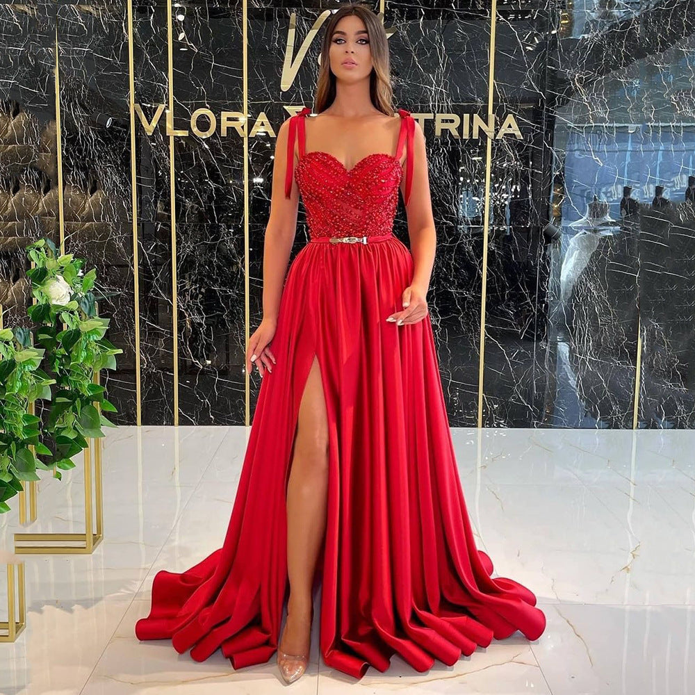 Sequin Prom Dresses for Women Long A-Line with Slit Spaghetti Split Satin Formal Evening Gown EPB1187