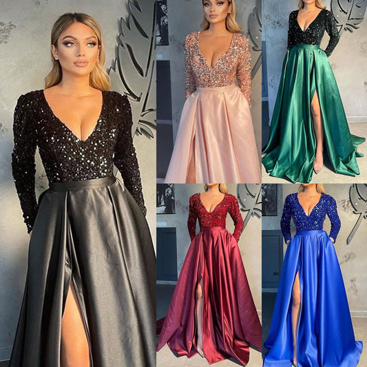 A-Line Celebrity Style Sparkle Dress Prom Dress V Neck Long Sleeve Sweep Dress EPB1188