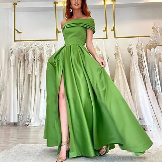 One Shoulder Satin Prom Dress with Slit Long Evening Dress for Women Formal with Pockets A Line Wedding Party Gown EPB1198