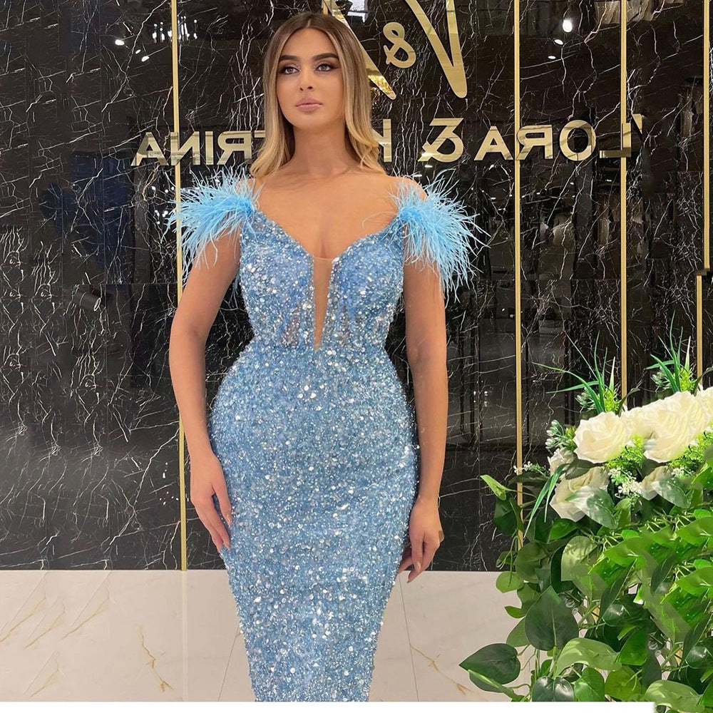 Feather Off Shoulder Prom Dresses for Women V Neck Mermaid Tea Length Formal Cocktail Party Dress EPM1159