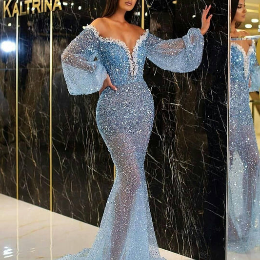 Sparkle Sequined Mermaid Evening Dresses Abiti Da Cerimonia Da Sera Formal Long Sleeves EPM1163