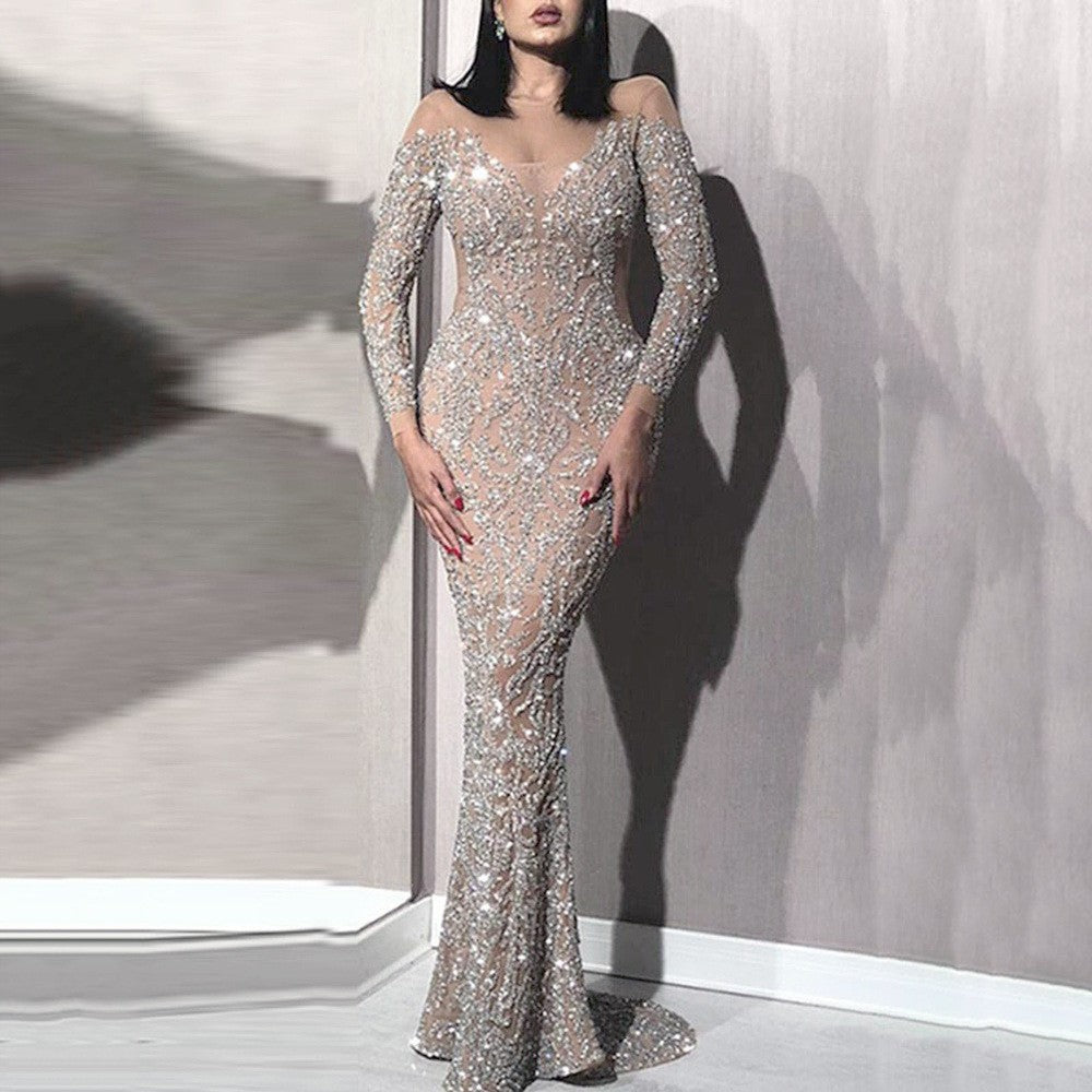 Women's Sexy Sequin Maxi Dress Long Sleeve Floor Length Bodycon Silver Sequin Party Dress EPM1183