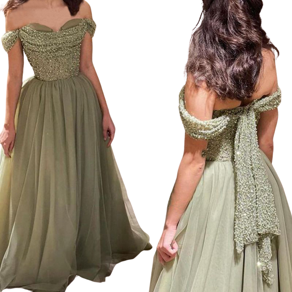 Sage Green Glitter Sequins Beads Sweetheart Tulle Prom Dresses ERB988