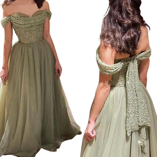 Sage Green Glitter Sequins Beads Sweetheart Tulle Prom Dresses ERB988