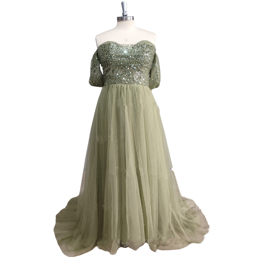 Sage Green Glitter Sequins Beads Sweetheart Tulle Prom Dresses ERB988