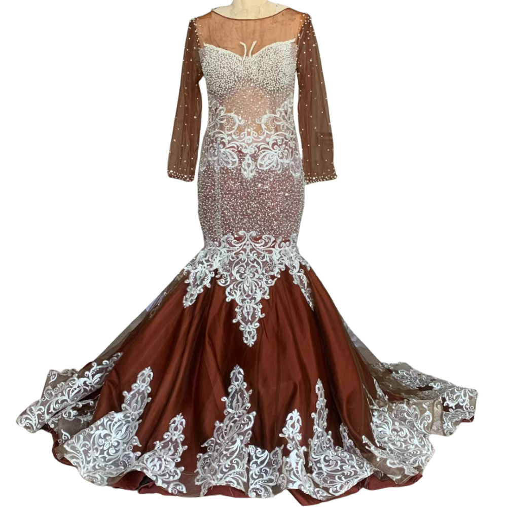 Shining Colorful Crystals Brown Mesh Transparent Long Train Dress ESM946