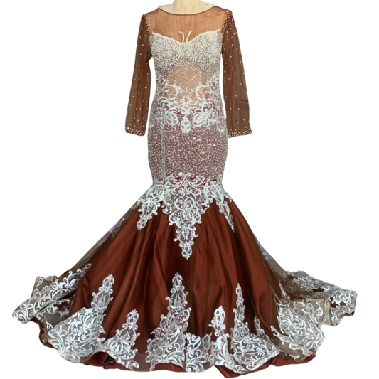 Shining Colorful Crystals Brown Mesh Transparent Long Train Dress ESM946