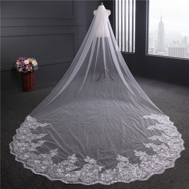 Bridal Veils Lace Edge Tulle Bling Seuqins Cathedral Wedding Veil EWA003