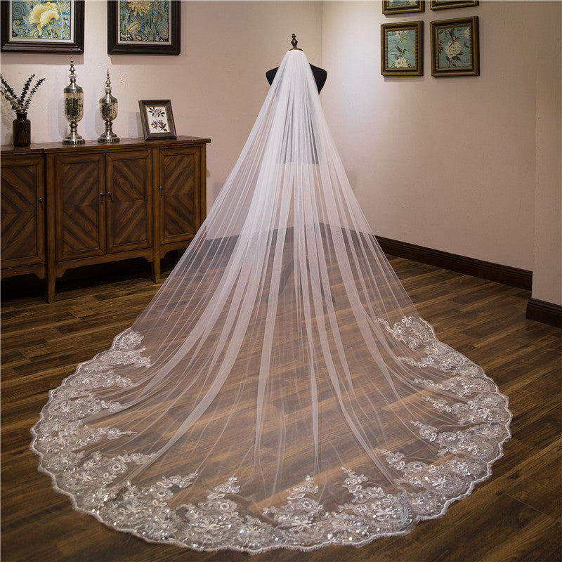 Bridal Veils Lace Edge Tulle Bling Seuqins Cathedral Wedding Veil EWA003