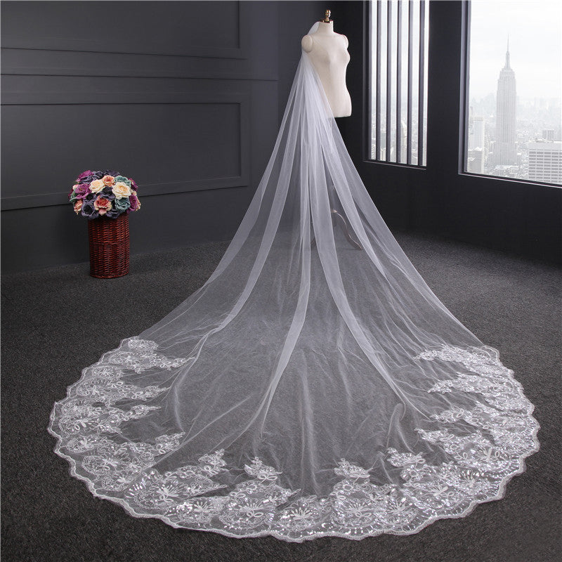 Bridal Veils Lace Edge Tulle Bling Seuqins Cathedral Wedding Veil EWA003