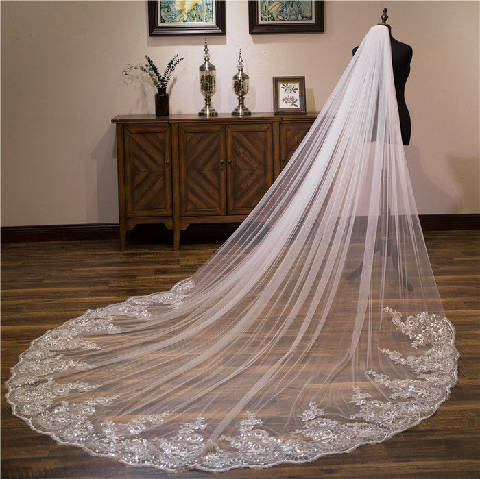 Bridal Veils Lace Edge Tulle Bling Seuqins Cathedral Wedding Veil EWA003