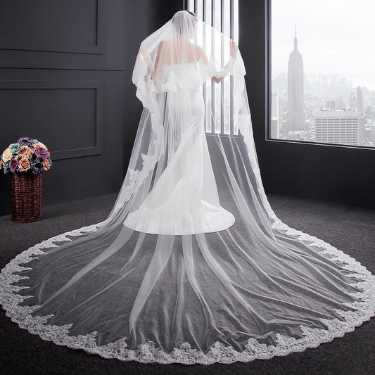 Vintage Lacy Tulle Cathedral Veil with Blusher Viniodress EWA004