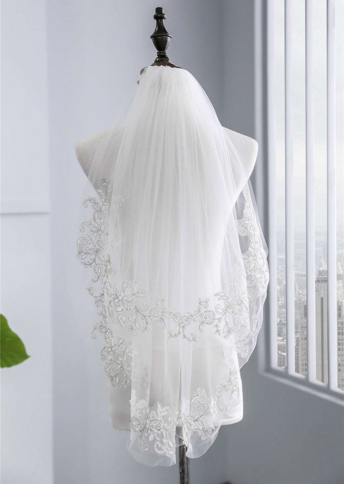 Two-tier Stylish Wedding Veil Elbow Veils with Embroidery POLY EWA010