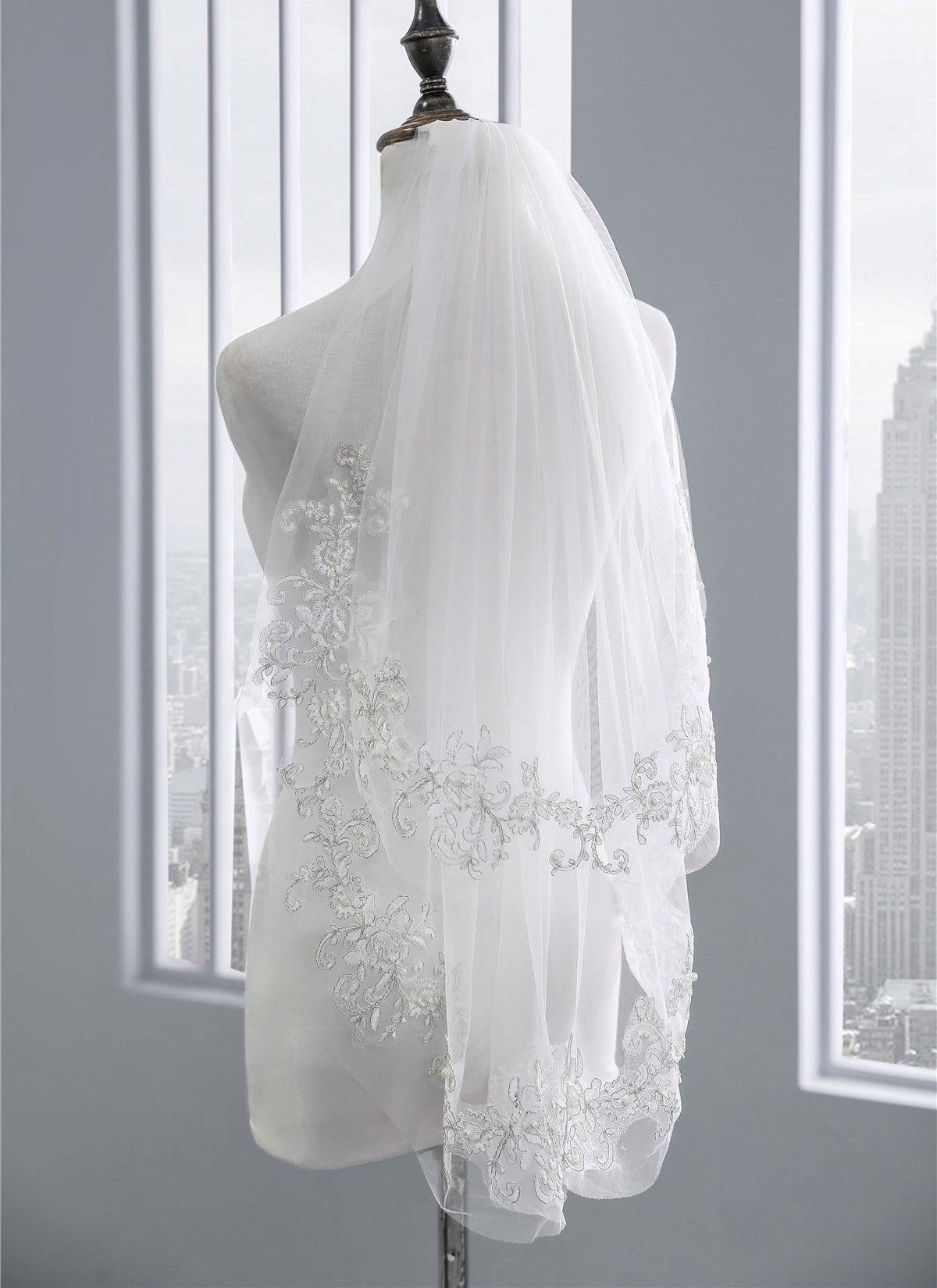 Two-tier Stylish Wedding Veil Elbow Veils with Embroidery POLY EWA010