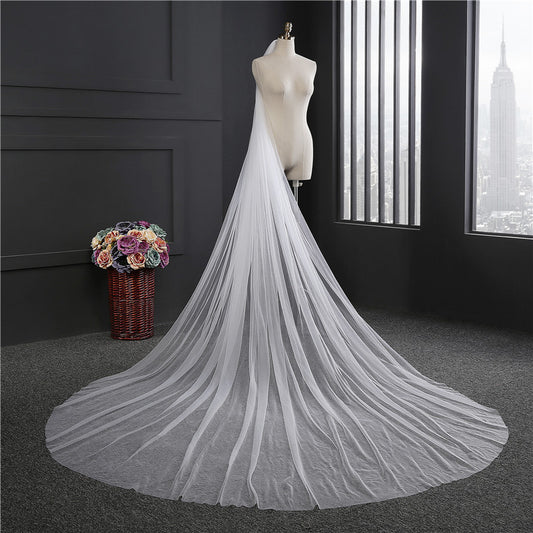 Simple Cut Edge Single Tier Tulle Cathedral Length Wedding Veil EWA015