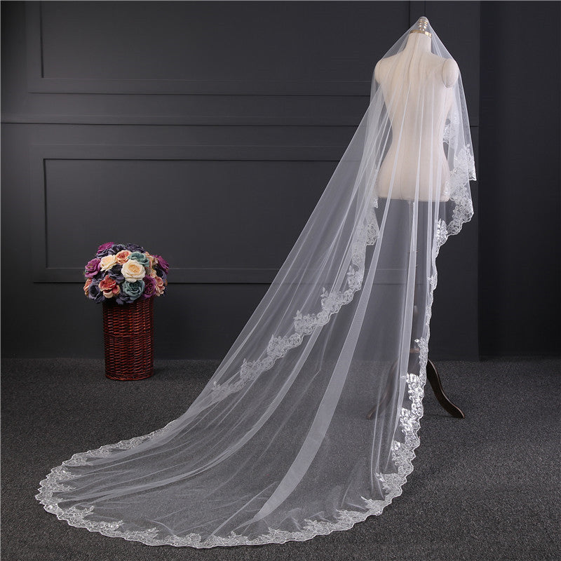 Cathedral Bridal Veils One-tier Lace Applique Edge Sequin Veil EWA019