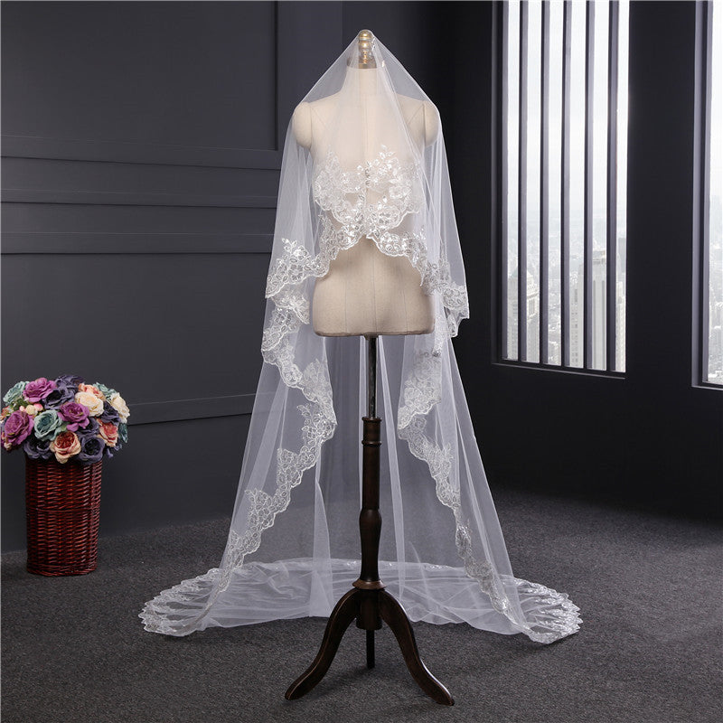 Cathedral Bridal Veils One-tier Lace Applique Edge Sequin Veil EWA019