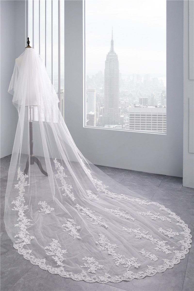 Two-tier Lace Applique Edge Cathedral Bridal Veils With Lace EWA020