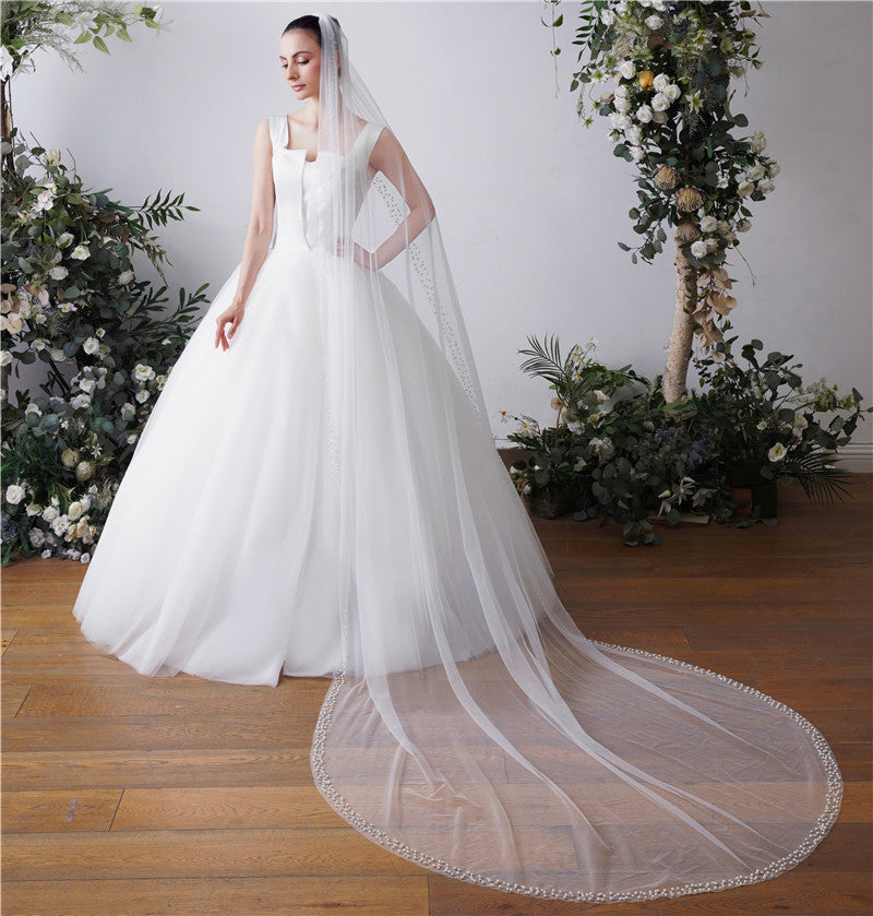 Long Chapel 1 Tier Pearl Soft Tulle Bridal Veil With Metal Comb EWA028