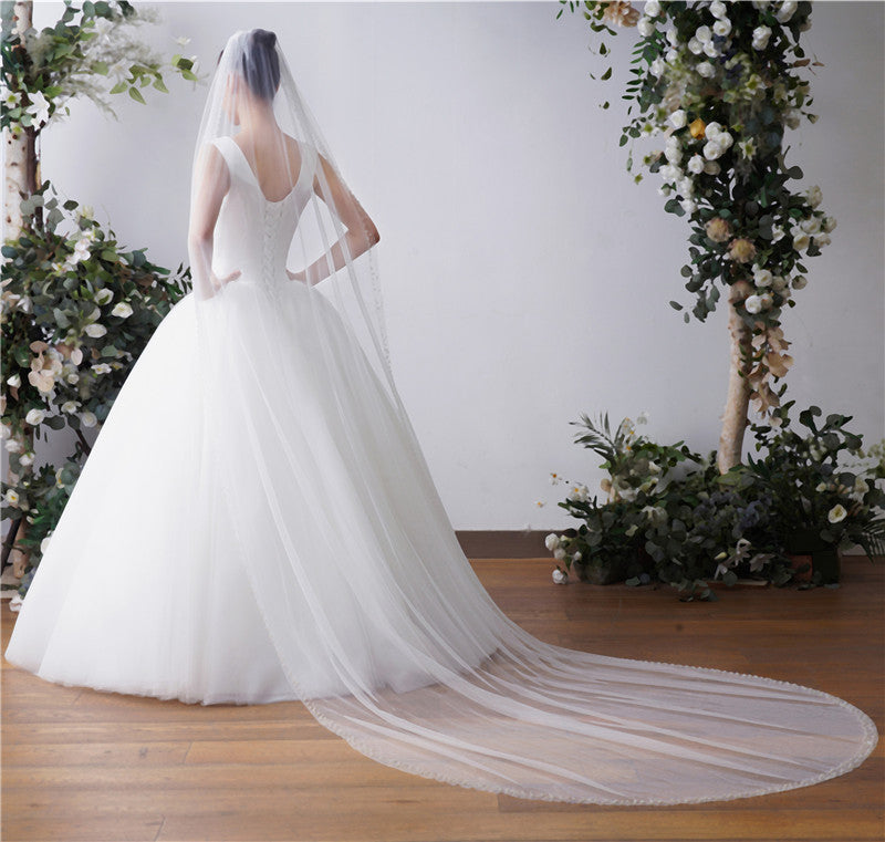 Long Chapel 1 Tier Pearl Soft Tulle Bridal Veil With Metal Comb EWA028