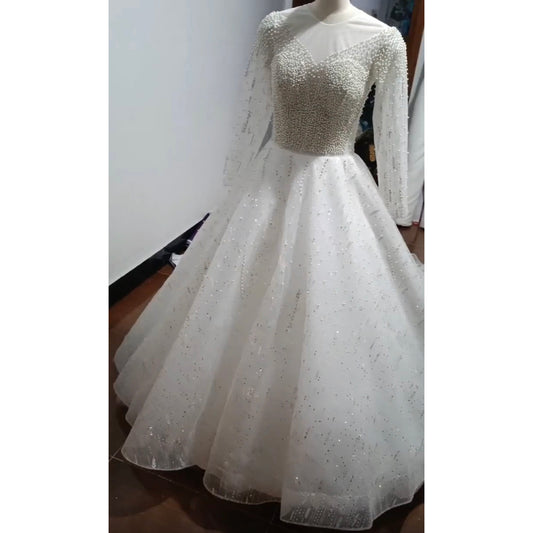 Luxury High Neck A-line Pearls Beading Wedding Dress EWB4056